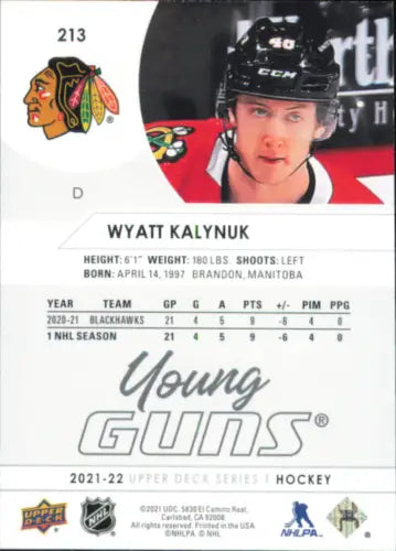 Back of 2021-22 Upper Deck #213 Wyatt Kalynuk Young Guns Rookie card Chicago Blackhawks