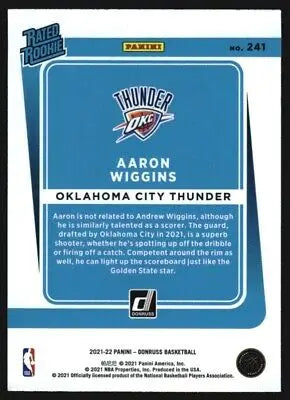 Aaron Wiggins Rookie basketball card from 2021-22 Donruss Oklahoma City Thunder