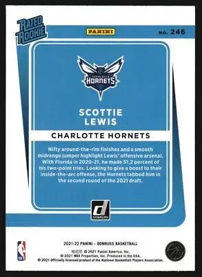 Basketball card back of 2021-22 Donruss Scottie Lewis Rookie Charlotte Hornets