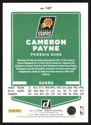 Basketball card back of 2021-22 Donruss Holo Green and Yellow Laser Cameron Payne