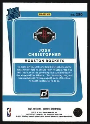 Back view of 2021-22 Donruss #250 Josh Christopher Rookie Houston Rockets Basketball card