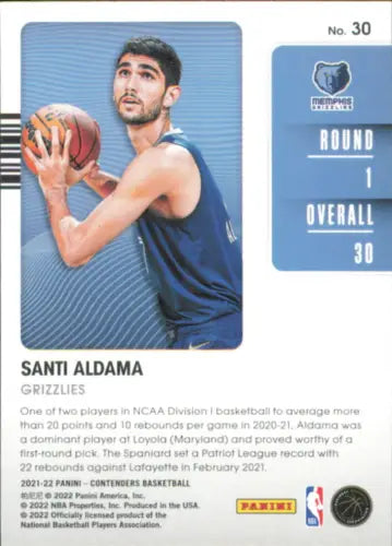 Santi Aldama basketball card from 2021-22 Panini Contenders Rookie Grizzlies NM-MT