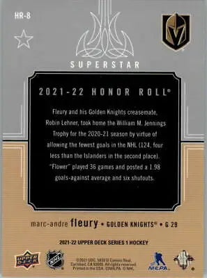 Back of 2021-22 Upper Deck Honor Roll HR8 MarcAndre Fleury hockey card for collectors