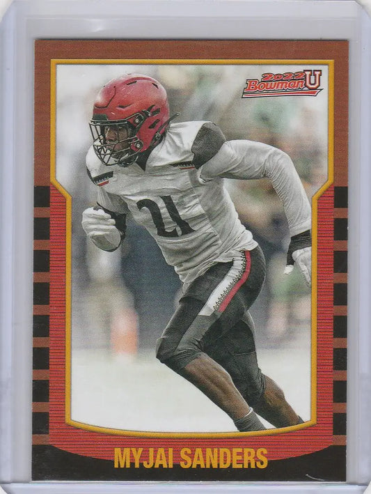 Football trading card of Myjai Sanders in red helmet, featured in Bowman University Retro