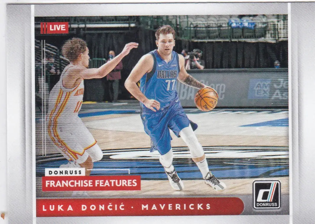 Luka Doncic Dallas Mavericks trading card showcasing game action against another team