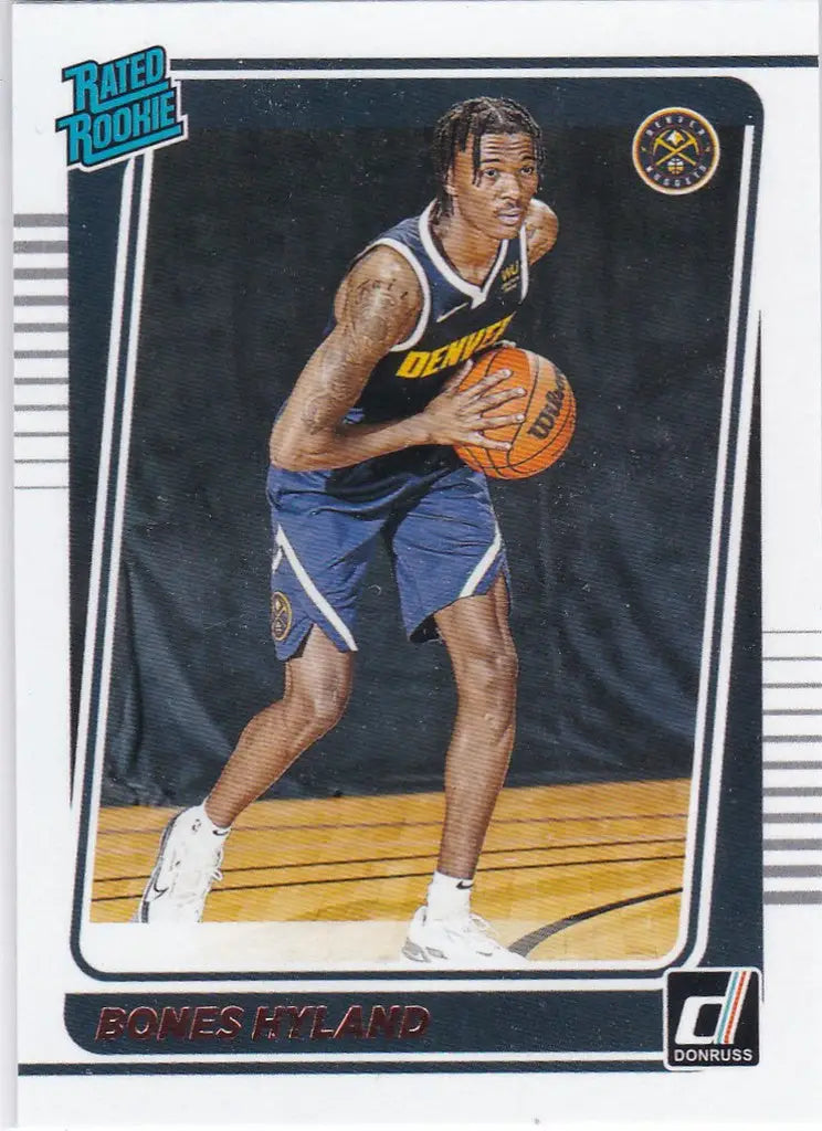 Basketball trading card of Bones Hyland rated rookie dribbling for Denver Nuggets