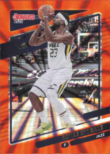 Basketball trading card of Royce O’Neale, Donruss Holo Orange Laser from 2021-22 season