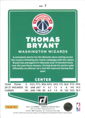 2021-22 Donruss Holo Orange Laser #7 Thomas Bryant Washington Wizards Basketball Card