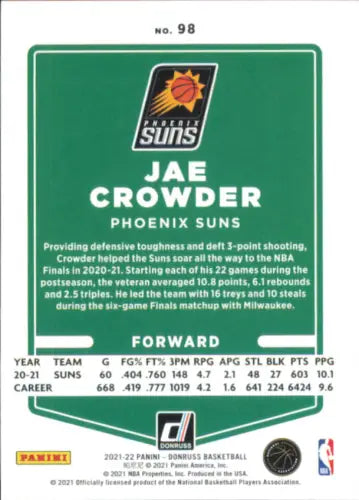 2021-22 Donruss Holo Teal Laser #98 Jae Crowder Phoenix Suns NBA Card in NM-MT condition