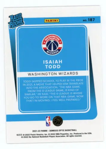 2021-22 Donruss Optic Isaiah Todd Rookie Card for Washington Wizards NBA collectible