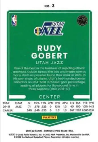 2021-22 Donruss Optic #3 Rudy Gobert basketball card with original gloss finish