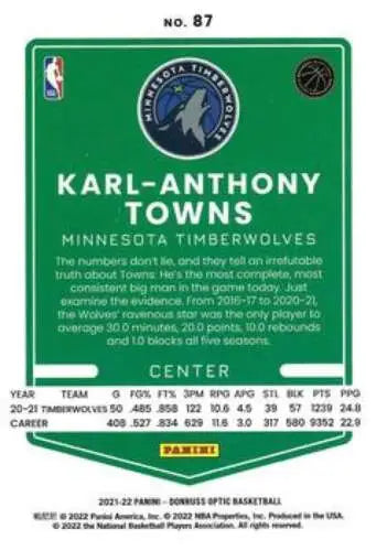 2021-22 Donruss Optic #87 Karl-Anthony Towns basketball card with original gloss finish