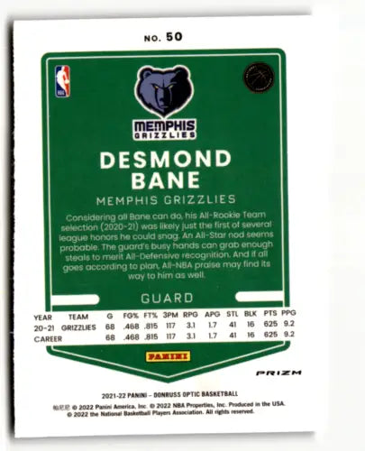 2021-22 Donruss Optic Holo #50 Desmond Bane Basketball Card Grizzlies Original Gloss