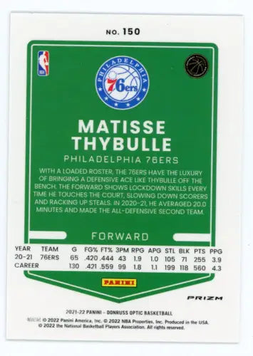 Matisse Thybulle 2021-22 Donruss Optic Purple basketball card for Philadelphia 76ers