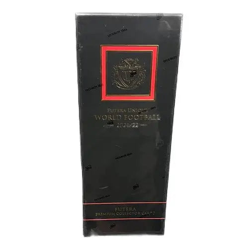 Black and red premium whiskey bottle box with gold lettering for Futera Unique World Soccer