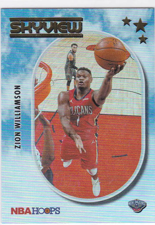 Basketball trading card of Zion Williamson gold from New Orleans Pelicans in action