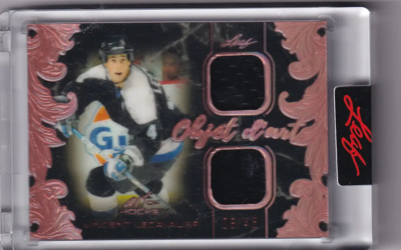 Hockey trading card of Vincent Lecavalier featuring two fabric swatches in 2021-22 Leaf Art Hockey Dual Relic