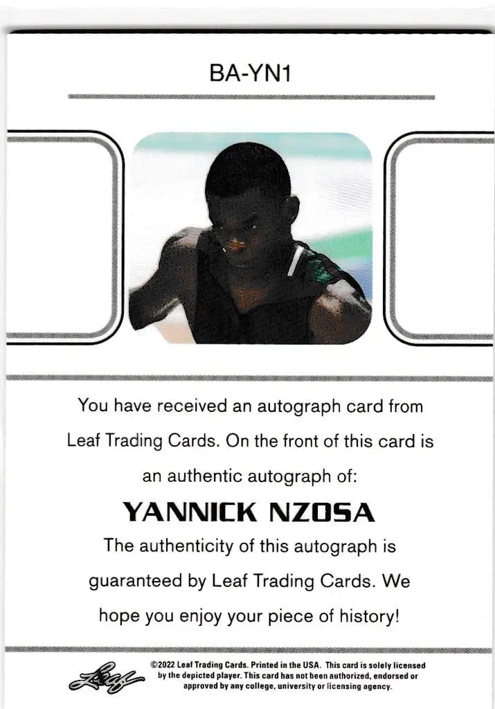 Autograph card of Yannick Nzosa featuring silhouette on light background, 2021-22 Leaf Memories