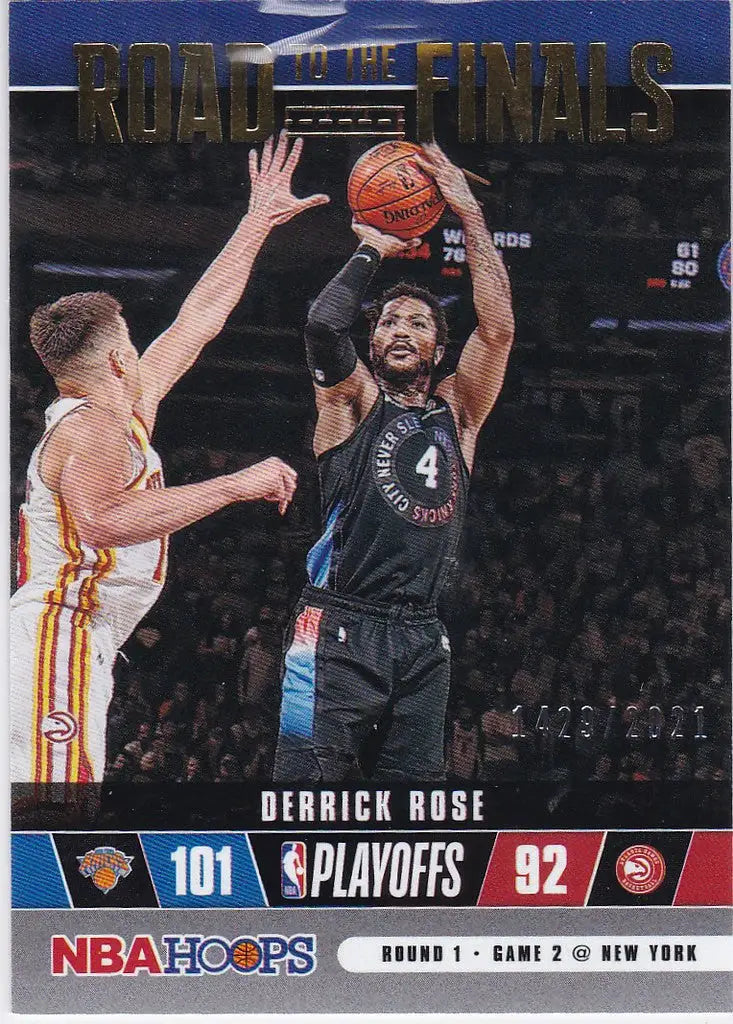 Basketball trading card of Derrick Rose shooting over a defender in NBA Hoops playoffs