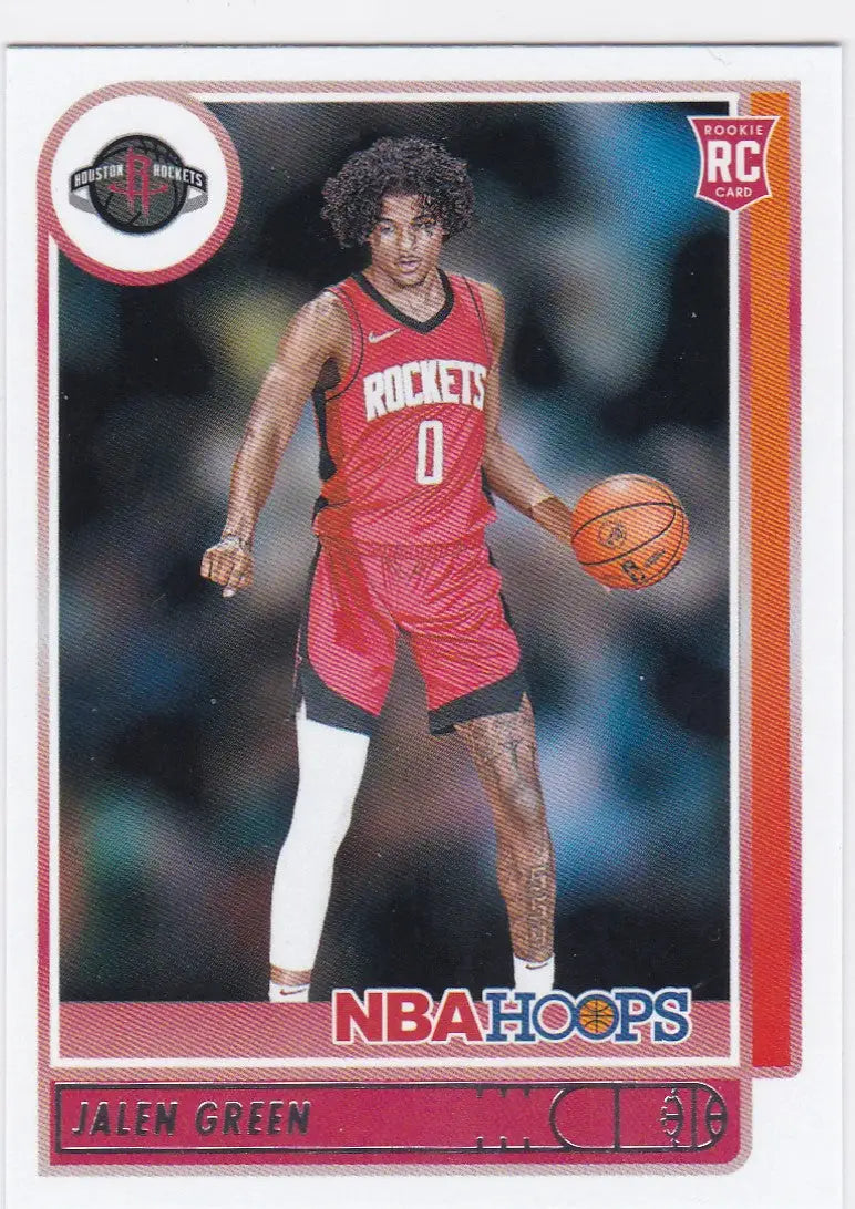 Basketball trading card of Jalen Green RC in red Houston Rockets uniform from NBA Hoops