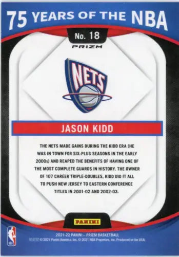 Jason Kidd Prizm basketball card from 2021-22 Panini 75 Years of the NBA collection