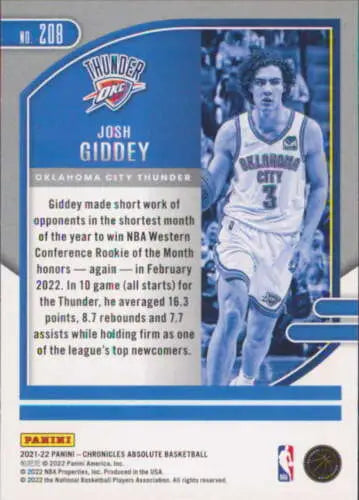 Josh Giddey basketball card, Panini Chronicles 2021-22, original gloss, Thunder collectible