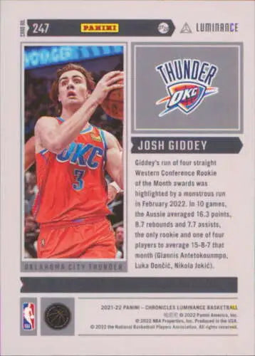 Josh Giddey basketball card from 2021-22 Panini Chronicles featuring original gloss finish