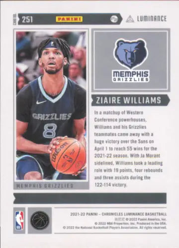 Ziaire Williams basketball card from 2021-22 Panini Chronicles Luminance Rookie set