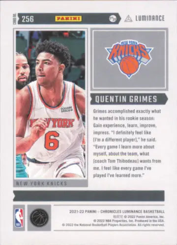 2021-22 Panini Chronicles #256 Quentin Grimes Luminance Rookie NY Knicks basketball card