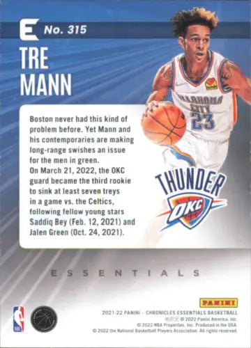 Tre Mann 2021-22 Panini Chronicles Rookie Essentials Card for OKC Thunder