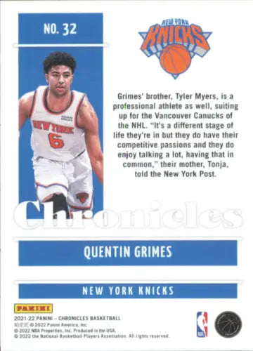 Quentin Grimes 2021-22 Panini Chronicles Rookie Card New York Knicks NM-MT