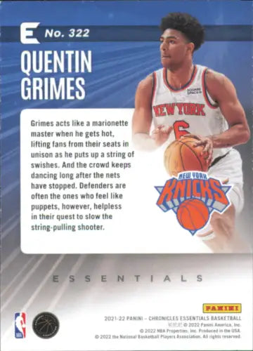 2021-22 Panini Chronicles #322 Quentin Grimes Essentials Rookie Basketball Card