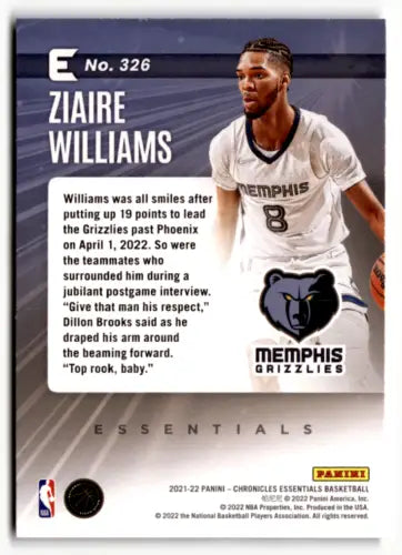 Ziaire Williams basketball card from 2021-22 Panini Chronicles with original gloss finish