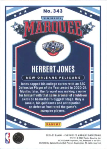 Herbert Jones basketball card from 2021-22 Panini Chronicles #343 Rookie Marquee NM-MT