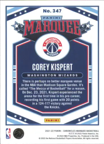 Corey Kispert 2021-22 Panini Chronicles Rookie Marquee Wizards Card NM-MT