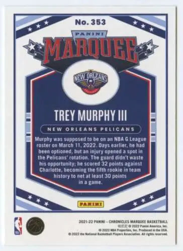 Trey Murphy III basketball card from 2021-22 Panini Chronicles with original gloss finish