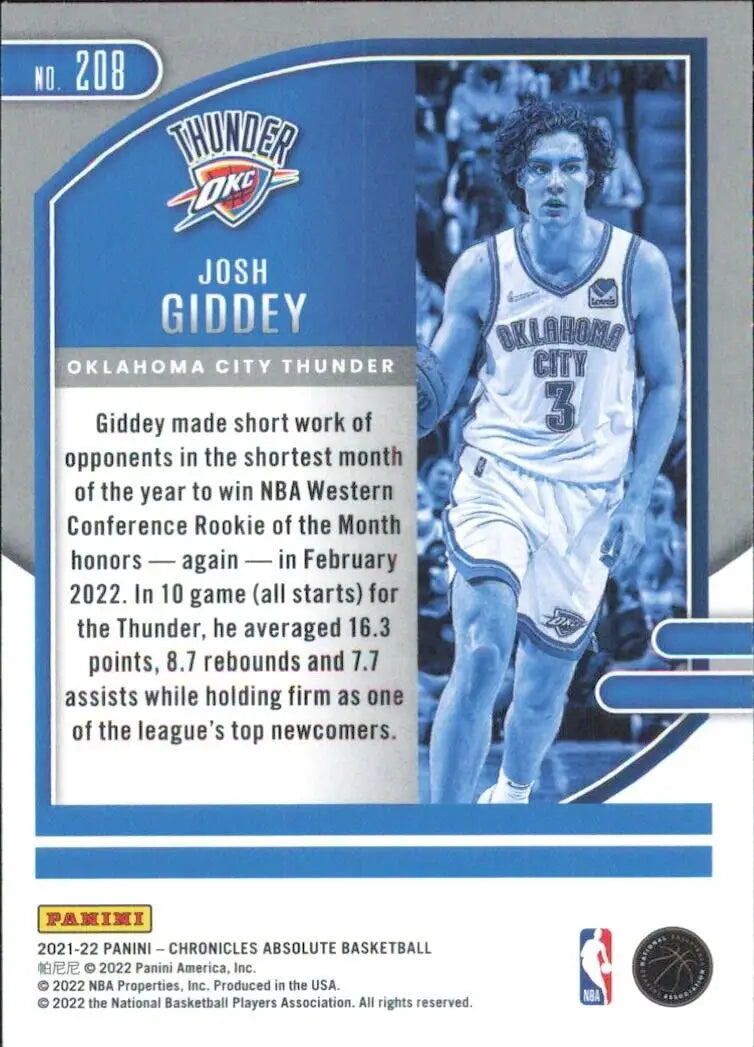 Basketball trading card of Josh Giddey Rookie from Panini Chronicles Absolute NBA