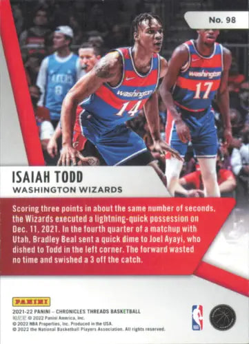 Basketball trading card of 2021-22 Panini Chronicles Green Isaiah Todd Rookie Threads Wizards