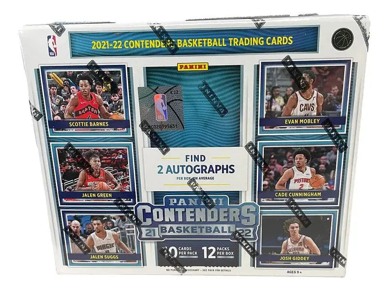 Box of 2021-22 Panini Contenders NBA basketball trading cards with autographs and player images