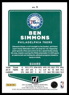 Ben Simmons basketball card from 2021-22 Panini Donruss Philadelphia 76ers #5