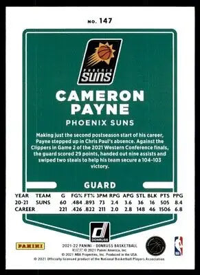 Cameron Payne basketball card from 2021-22 Panini Donruss Phoenix Suns #147