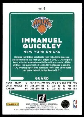 Immanuel Quickley basketball card from 2021-22 Panini Donruss New York Knicks #6