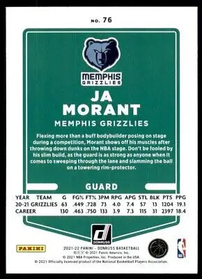 2021-22 Panini Donruss Ja Morant basketball card Memphis Grizzlies #76 text-align center