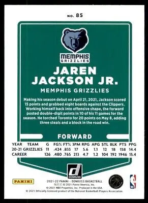 Jaren Jackson Jr. basketball card from 2021-22 Panini Donruss Memphis Grizzlies #85