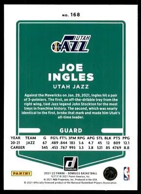 Joe Ingles basketball card from 2021-22 Panini Donruss, Utah Jazz #168, text-align center