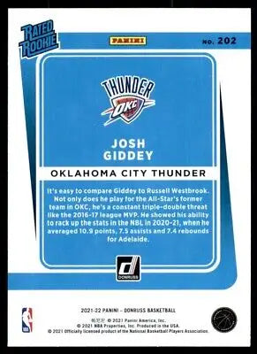 2021-22 Panini Donruss Josh Giddey Rookie basketball card for Oklahoma City Thunder