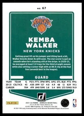 Kemba Walker basketball card from 2021-22 Panini Donruss New York Knicks #67