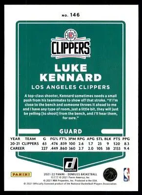 Basketball card back of 2021-22 Panini Donruss Luke Kennard Los Angeles Clippers #146