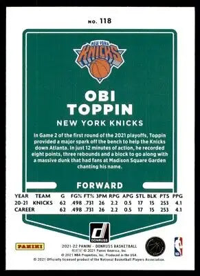 Obi Toppin basketball card from 2021-22 Panini Donruss New York Knicks #118