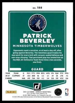 Patrick Beverley basketball card from 2021-22 Panini Donruss Minnesota Timberwolves #188